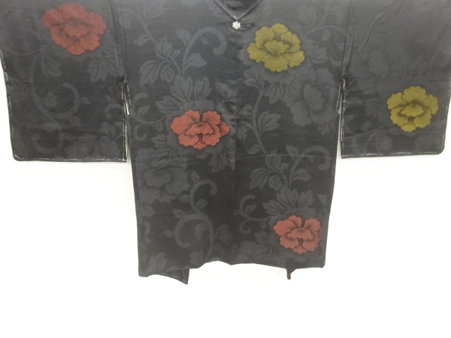 JAPANESE KIMONO / ANTIQUE TAISHO ROMAN / LACQUER / PEONY PATTERN / WOV